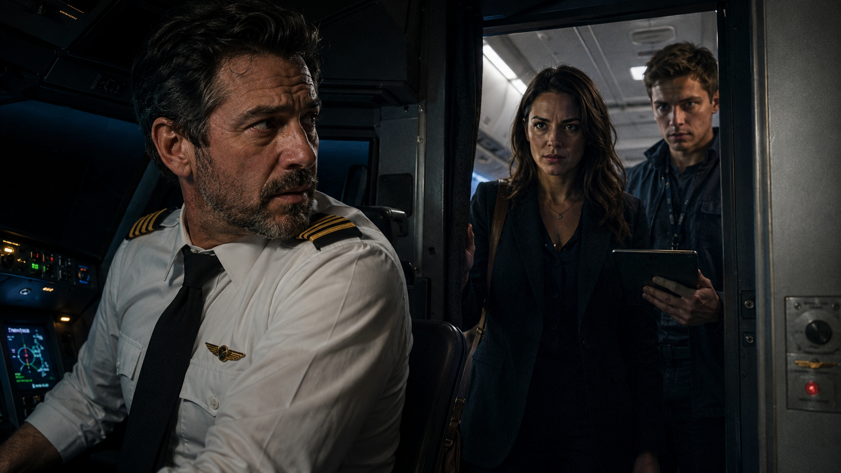 Captain Ben Rivers looks back toward Lexi and another man aboard an aircraft