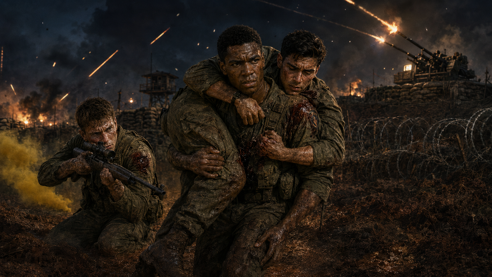Marines carrying a wounded comrade through a battlefield during the siege of Khe Sanh