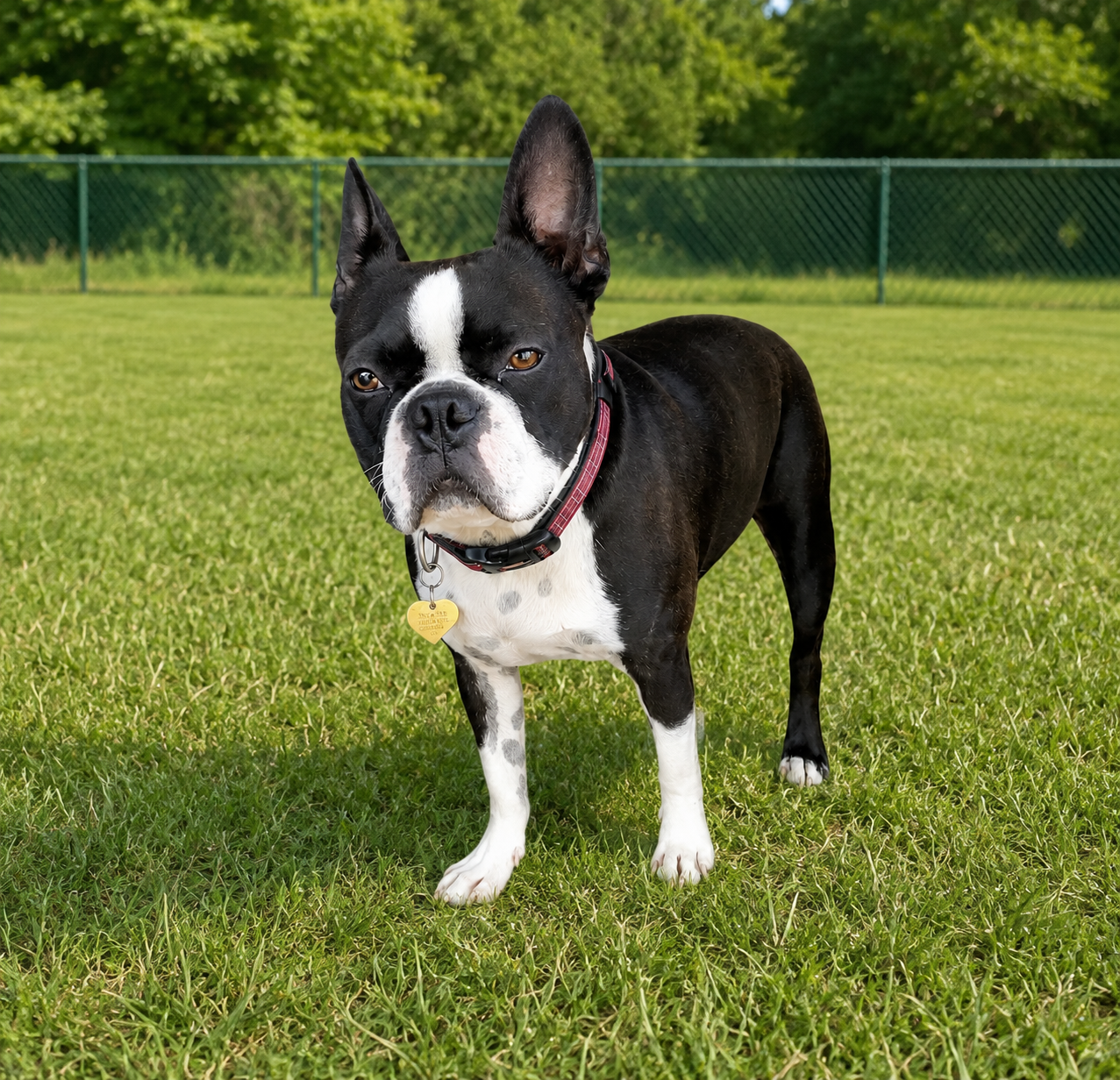 Sparky, a black-and-white Boston Terrier wearing a red collar, stands proudly on the grass in his backyard