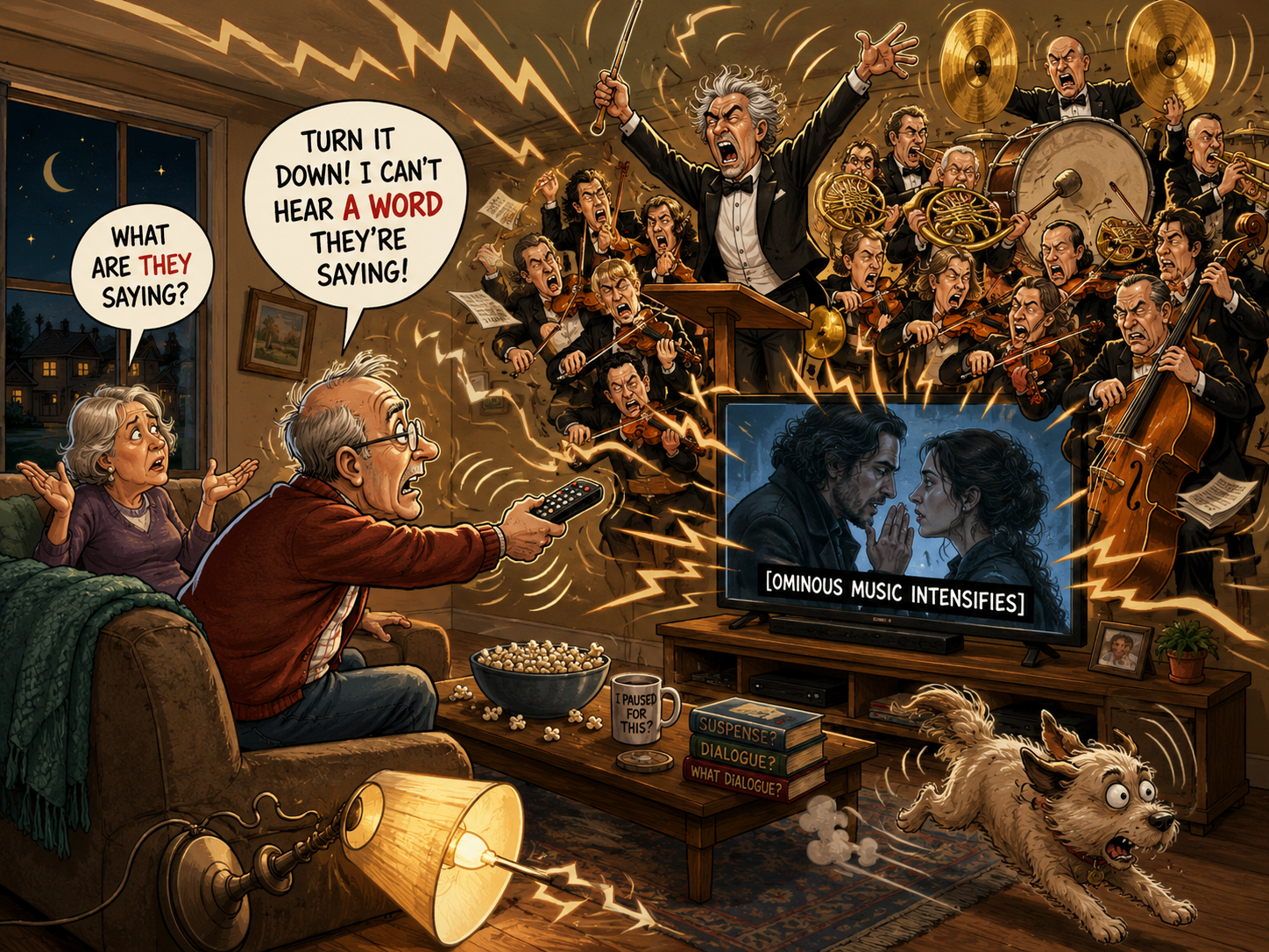 A couple struggles to hear dialogue on television while an enormous orchestra plays loudly in their living room